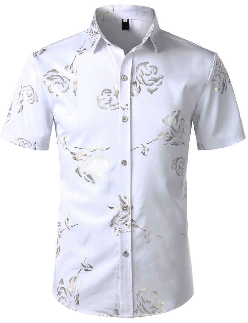 ZEROYAA Mens Hipster Gold Rose Printed Slim Fit Short Sleeve Button Down Dress Shirts ZZCL41 White Large - Image 1